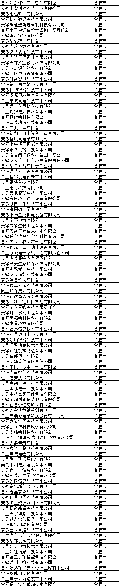 合肥市高新技術企業(yè)公示名單