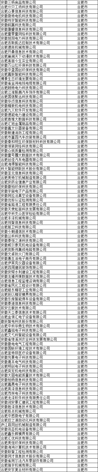 合肥市高新技術企業(yè)公示名單